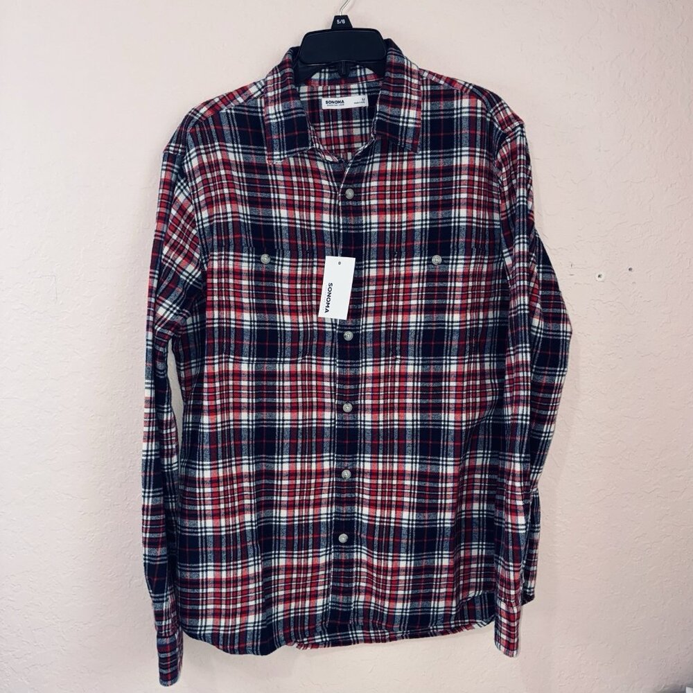 Sonoma Supersoft Flannel Shirt NEW Mens Medium Blue Red Plaid Pockets Button Up